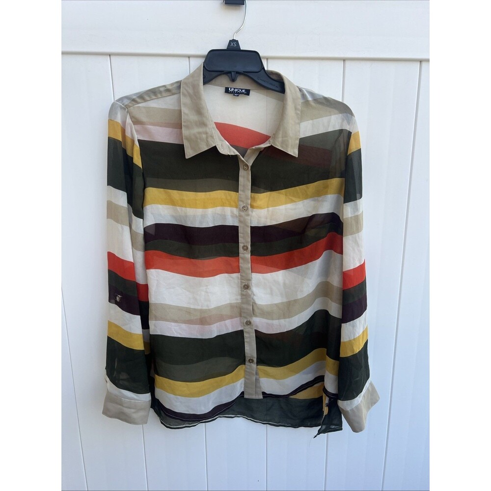 Unique Spectrum Women’s Button Up Top Size 2x Sheer Multicolor Striped Roll Tab
